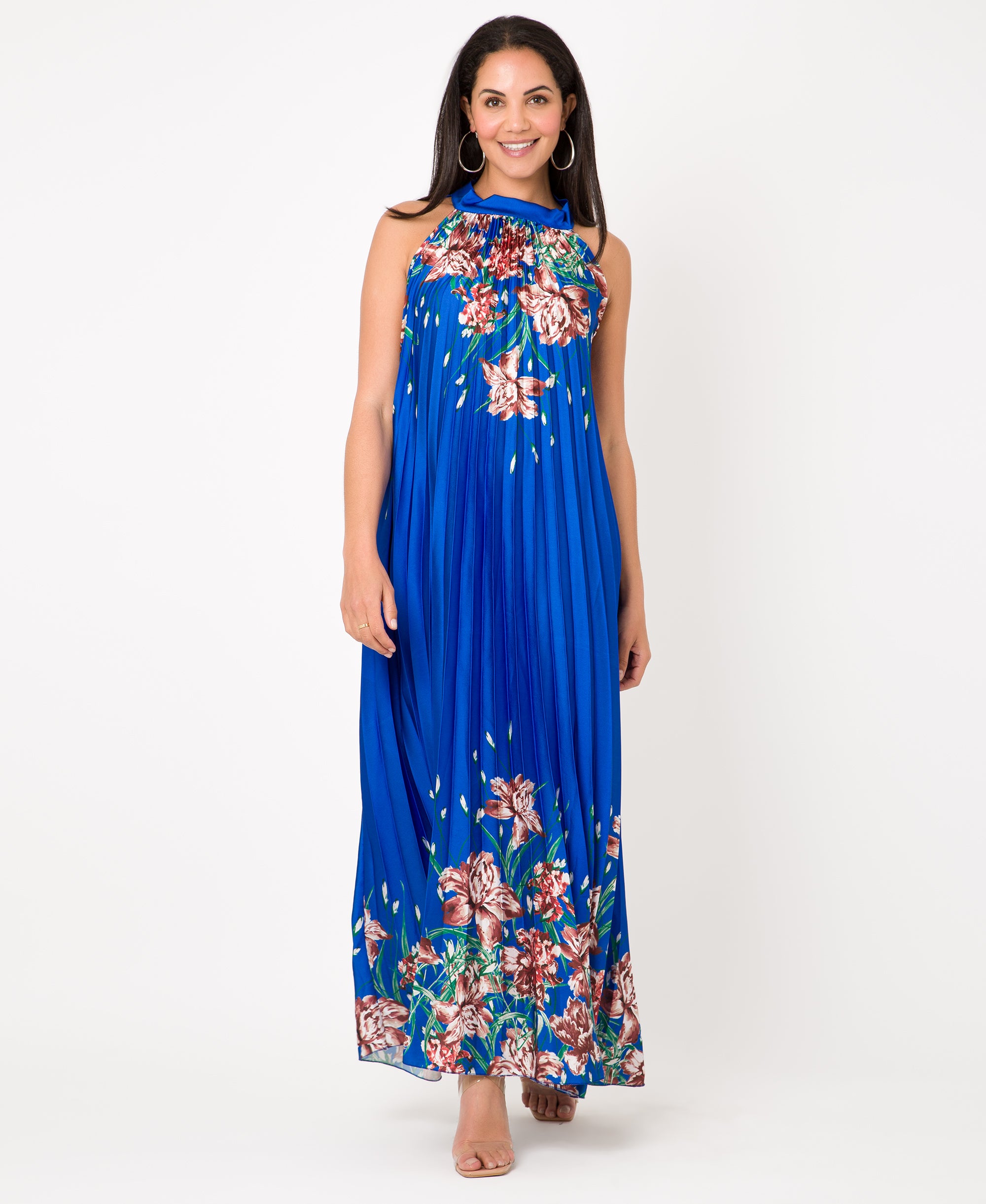 KRISP Floral Print Pleated Satin Halterneck Maxi Dress (11110)